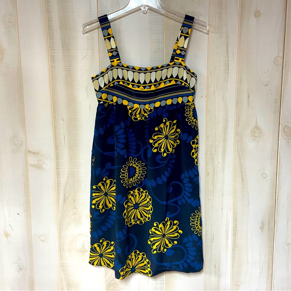 BCBGMaxAzria Blue Black Gold Multi-Pattern Sleeveless Strap Dress Sz XS